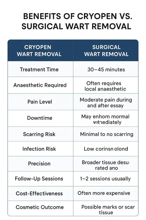 Table showing the benefits of cryopen to remove warts Lutterworth compared to surgical treatment
